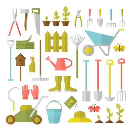 Vector big collection of gardening tools. Rack pitchfork hose wheelbarrow watering can cutter fork lawn pruner secateurs shovel spade and more.のイラスト素材