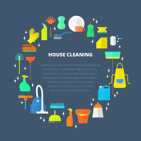 Vector trendy flat cleaning icon set, template, concept. Vacuum cleaner protective gloves plunger spray bottle wipe squeegee sponge bucket mop brush duster and many more.のイラスト素材