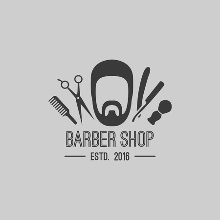 Vector hipster barber shop logo, badge. Beard scissors razor brush comb.のイラスト素材