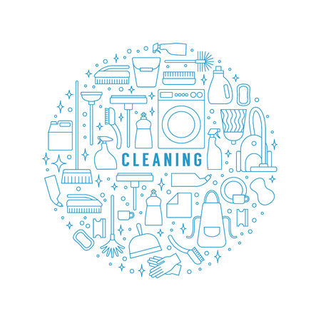 Vector trendy flat cleaning icon set. Template, concept or poster. Vacuum cleaner and protective gloves. Plunger, spray bottle and wipe. Squeegee, sponge and bucket. Mop and brush. Duster and many more.のイラスト素材
