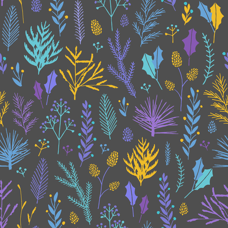 Vector hand drawn floral seamless pattern and backdrop. Elegant plant background. Intricate modern fall and winter flower illustration set.のイラスト素材