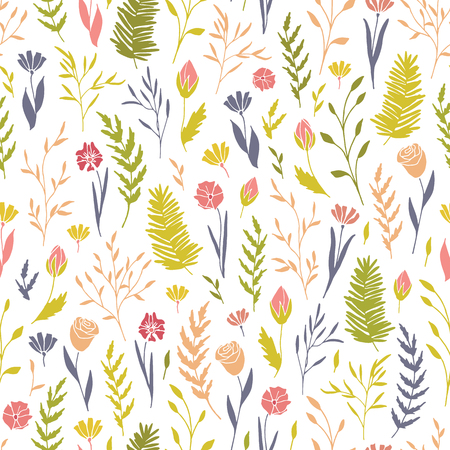 Vector hand drawn floral seamless pattern and backdrop. Elegant plant background. Intricate modern summer and spring flower illustration set.のイラスト素材