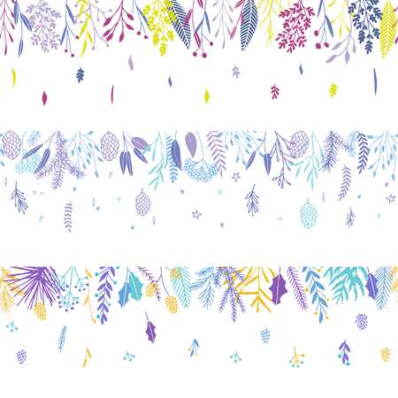 Cute seamless flower borders. Vector hand drawn big flower and plant collection. Elegant botanical winter and fall floral set.のイラスト素材