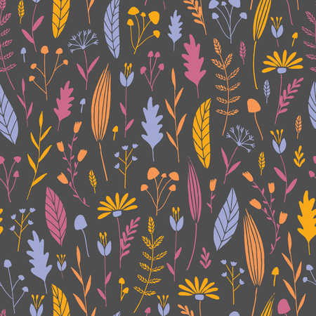 Illustration of floral and leaf seamless pattern on a grey backdrop.のイラスト素材