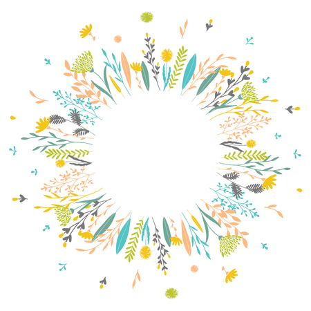 Cute and elegant vector floral round frame. Pastel tone plant circle badge and emblem. Summer and spring wreath.のイラスト素材