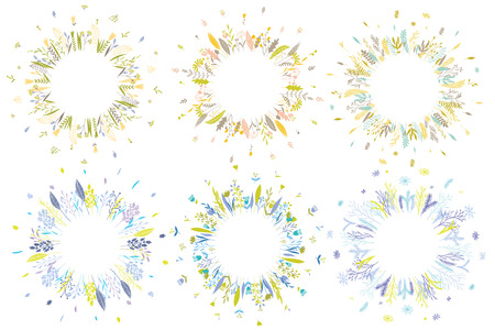 Cute and elegant vector floral round frames. Pastel tone plant circle badges and emblems. Summer spring autumn winter Christmas wreaths.のイラスト素材