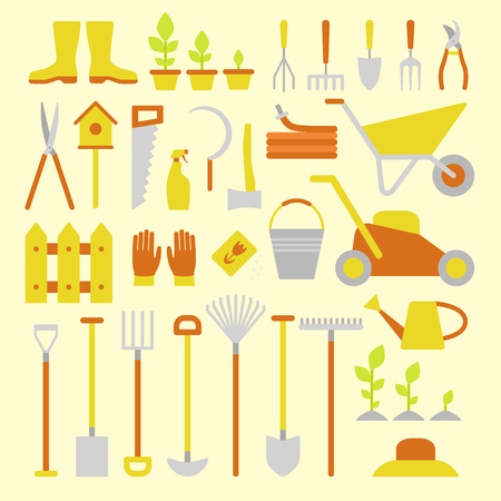 Vector big collection of gardening tools. Rack, pitchfork, hose, wheelbarrow, watering can, cutter, fork, lawn, pruner, secateurs, shovel, spade and more.のイラスト素材