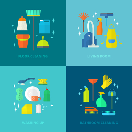 Vector trendy flat cleaning icon set. Vacuum cleaner, protective gloves, plunger, spray bottle,  wipe, squeegee, sponge, bucket, mop, brush, duster and many more.のイラスト素材