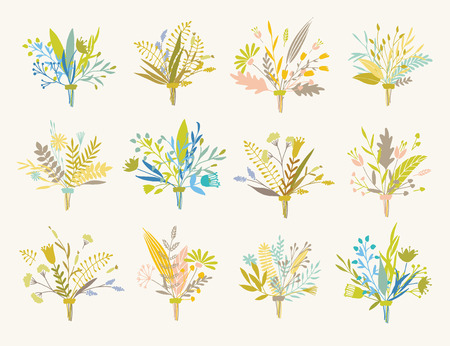 Cute and elegant vector floral bouquets. Pastel tone plant compositions. Summer spring and autumn stylish bouquets.のイラスト素材