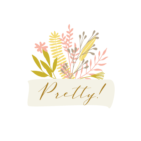 Cute and elegant vector floral bouquet. Pastel tone plant composition and badge. Summer spring and autumn stylish emblem and logo design elements.のイラスト素材
