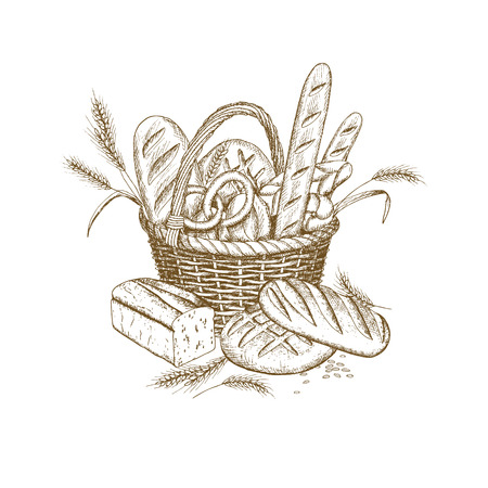 Hand drawn Wicker bread basket designのイラスト素材