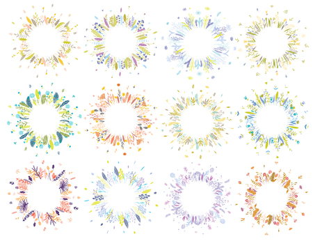 Cute and elegant vector floral round frames. Pastel tone plant circle badges and emblems. Summer spring autumn winter Christmas wreaths.のイラスト素材