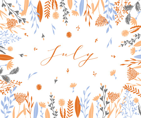Plant frame composition with calligraphic word July. Elegant frame background with branches and different hand drawn plants.のイラスト素材