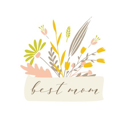 Cute and elegant vector floral bouquet. Pastel tone plant composition and badge. Summer spring and autumn stylish emblem and logo design elements. Mothers day card.のイラスト素材