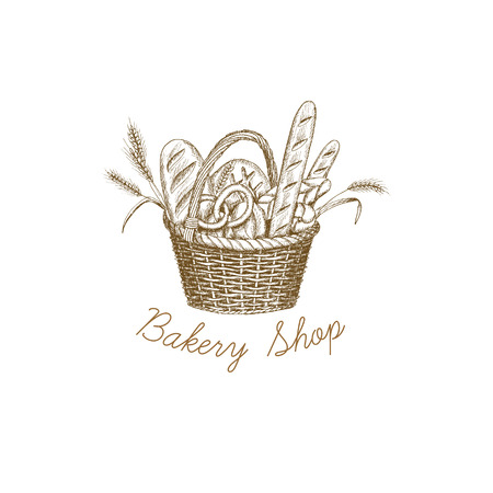 Vector hand drawn bakery logo, badge, emblem. Illustration of a basket full of bread.のイラスト素材