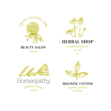 Vector vintage hand drawn herb logos. Alternative medicine, ayurveda, pharmacy, homeopathy, beauty shop, holistic center logos, badges, emblems.のイラスト素材