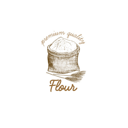 Vector hand drawn flour logo, badge, emblem. Flour illustration. Flour sack, wheat ears sketch.のイラスト素材