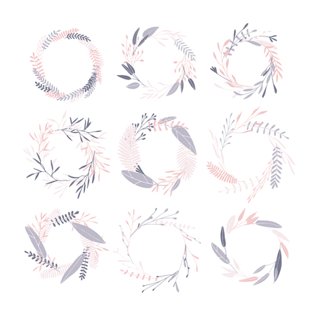 Vector hand drawn collection of wreath vector frames. Simple drawings of plants. Cute hipster wreaths.のイラスト素材