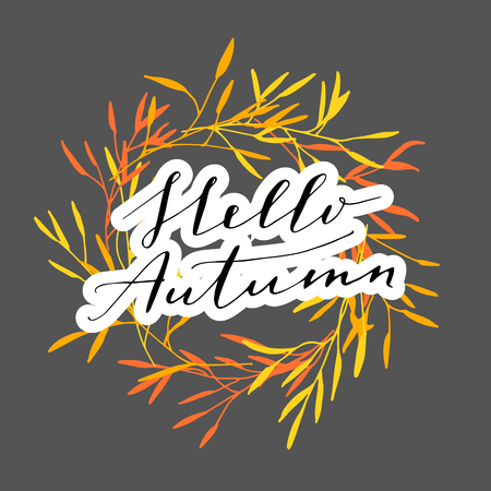 Vector hand written phrase "hello autumn". Modern brush lettering, calligraphic quote.のイラスト素材