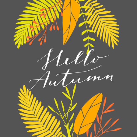 Vector hand written phrase "hello autumn". Modern brush lettering, calligraphic quote.のイラスト素材