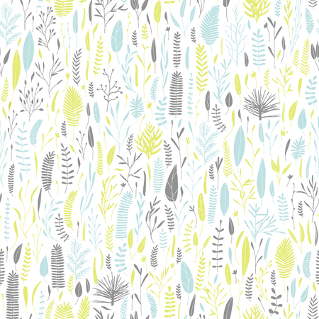 Vector seamless botanical pattern. Plant background. Branches, leaves, foliage doodles. Big collection of hand drawn elements.のイラスト素材