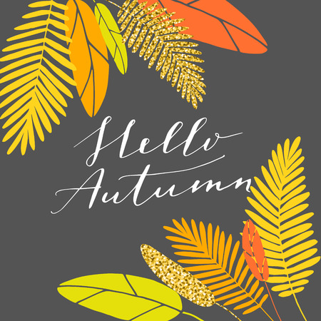 Vector hand written phrase "hello autumn". Modern brush lettering, calligraphic quote.のイラスト素材