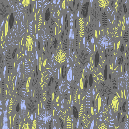 Vector seamless botanical pattern. Plant background. Branches, leaves, foliage doodles. Big collection of hand drawn elements.のイラスト素材