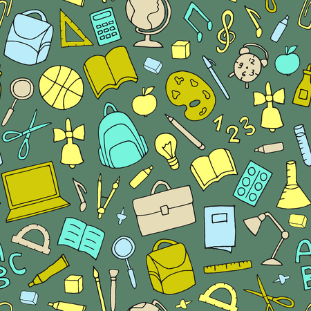 Vector school supplies seamless pattern. Backpack, ruler, pen, pencil, bulb, laptop, apple, magnifier, compass icons.のイラスト素材