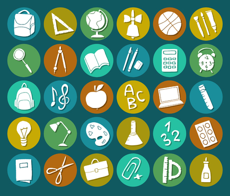 Vector hand drawn cute school supplies icons, pictograms. Backpack, ruler, pen, pencil, bulb, laptop, apple, magnifier, compass and more.のイラスト素材