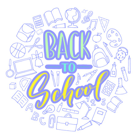 Vector hand written lettering quotes. Modern calligraphy phrases. Back to school, hello school.のイラスト素材