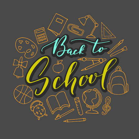 Vector hand written lettering quotes. Modern calligraphy phrases. Back to school, hello school.のイラスト素材