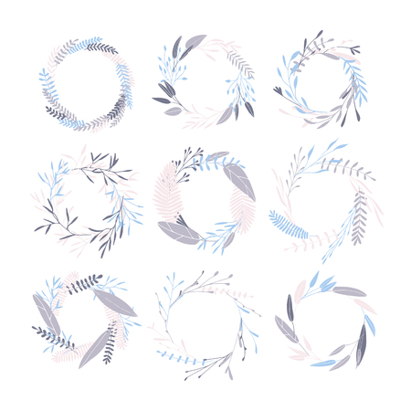 Vector hand drawn collection of wreath vector frames. Simple drawings of plants. Cute hipster wreaths.のイラスト素材