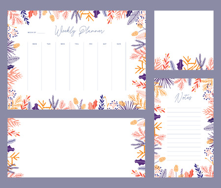 Cute vector winter weekly planner templates. Elegant Christmas floral pastel tone organizers and notepads. Week calendar schedule stationery.のイラスト素材