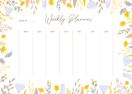 Cute vector weekly planner template. Elegant floral pastel tone organizer and notepad. Week calendar schedule.のイラスト素材