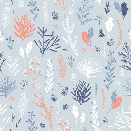 Vector hand drawn floral seamless pattern and backdrop. Elegant plant background. Intricate modern Christmas winter flower illustration set.のイラスト素材