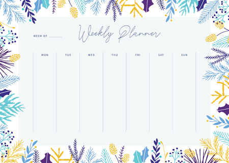 Cute vector weekly planner template. Elegant floral pastel tone organizer and notepad. Week calendar schedule.のイラスト素材