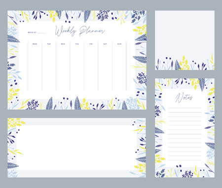Cute vector winter weekly planner templates. Elegant Christmas floral pastel tone organizers and notepads. Week calendar schedule stationery.のイラスト素材
