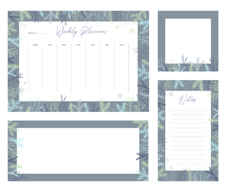 Cute vector winter weekly planner templates. Elegant Christmas floral pastel tone organizers and notepads. Week calendar schedule stationery.のイラスト素材