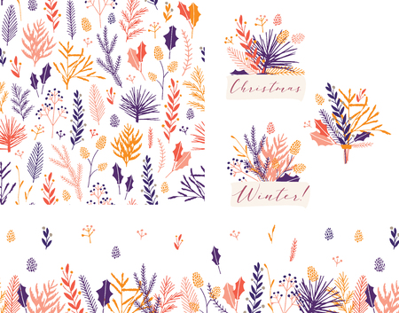 Vector hand drawn set of Christmas winter seamless floral pattern, bouquets badges and seamless floral border.のイラスト素材