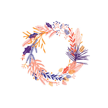 Cute and elegant vector floral round frame. Pastel tone plant circle winter badge and emblem. Christmas wreath.のイラスト素材