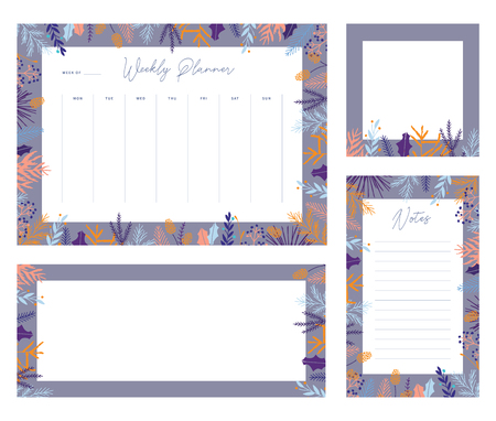 Cute vector winter weekly planner templates. Elegant Christmas floral pastel tone organizers and notepads. Week calendar schedule stationery.のイラスト素材