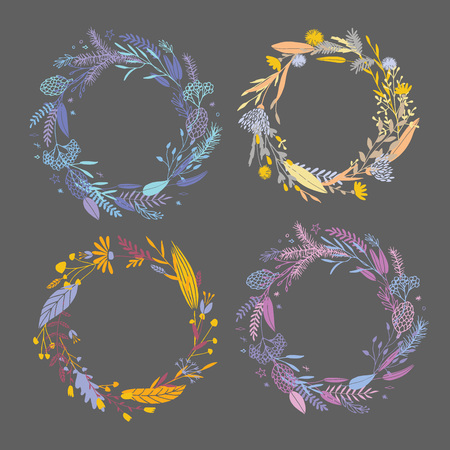 Cute and elegant vector floral round frames. Pastel tone plant circle badges and emblems. Summer autumn spring and winter wreaths. Wedding invitation decorative elements.のイラスト素材