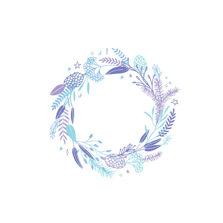 Cute and elegant vector floral round frame. Pastel tone plant circle winter badge and emblem. Christmas wreath.のイラスト素材