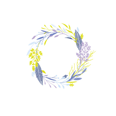 Cute and elegant vector floral round frame. Pastel tone plant circle winter badge and emblem. Christmas wreath.のイラスト素材