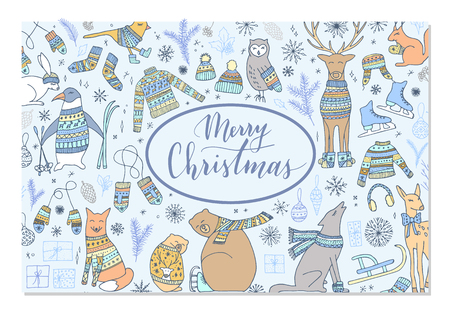 Vector big collection of hand drawn Christmas elements. Cute funny animal characters, elegant phrase Merry Christmas.のイラスト素材