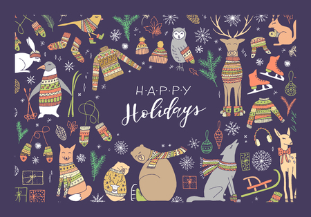 Vector big collection of hand drawn Christmas elements. Cute funny animal characters, elegant phrase Happy Holidays.のイラスト素材