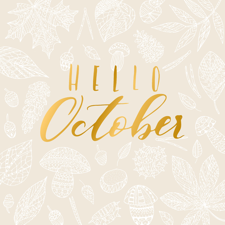 Vector hand drawn calligraphic phrase Hello October. Elegant autumn card, poster.のイラスト素材