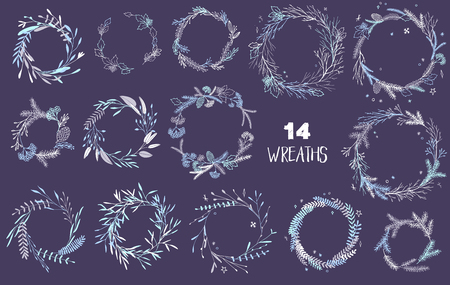 Vector big collection of hand written christmas phrases and quotes. Elegant calligraphic lettering phrases with pastel wreaths.のイラスト素材