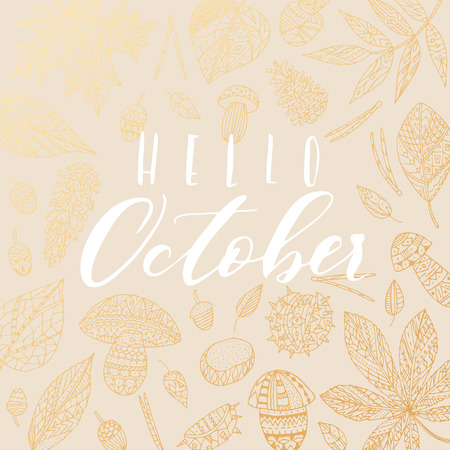 Vector hand drawn calligraphic phrase Hello October. Elegant autumn card, poster.のイラスト素材