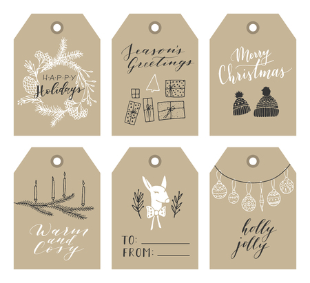 Vector big collection of hand written christmas phrases and quotes. Elegant calligraphic lettering tags, cards. Cute winter graphic elements.のイラスト素材